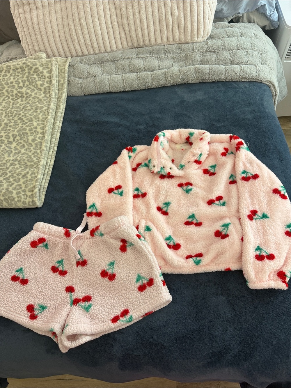 Cozy Pink Cherry Plush Womens Pajama Set - Short Top and Shorts